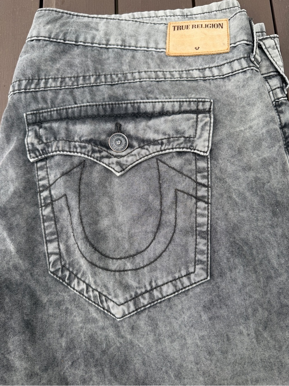 True Religion Ricky Flap Pocket Straight Leg Jeans Gray Black Acid Wash 44